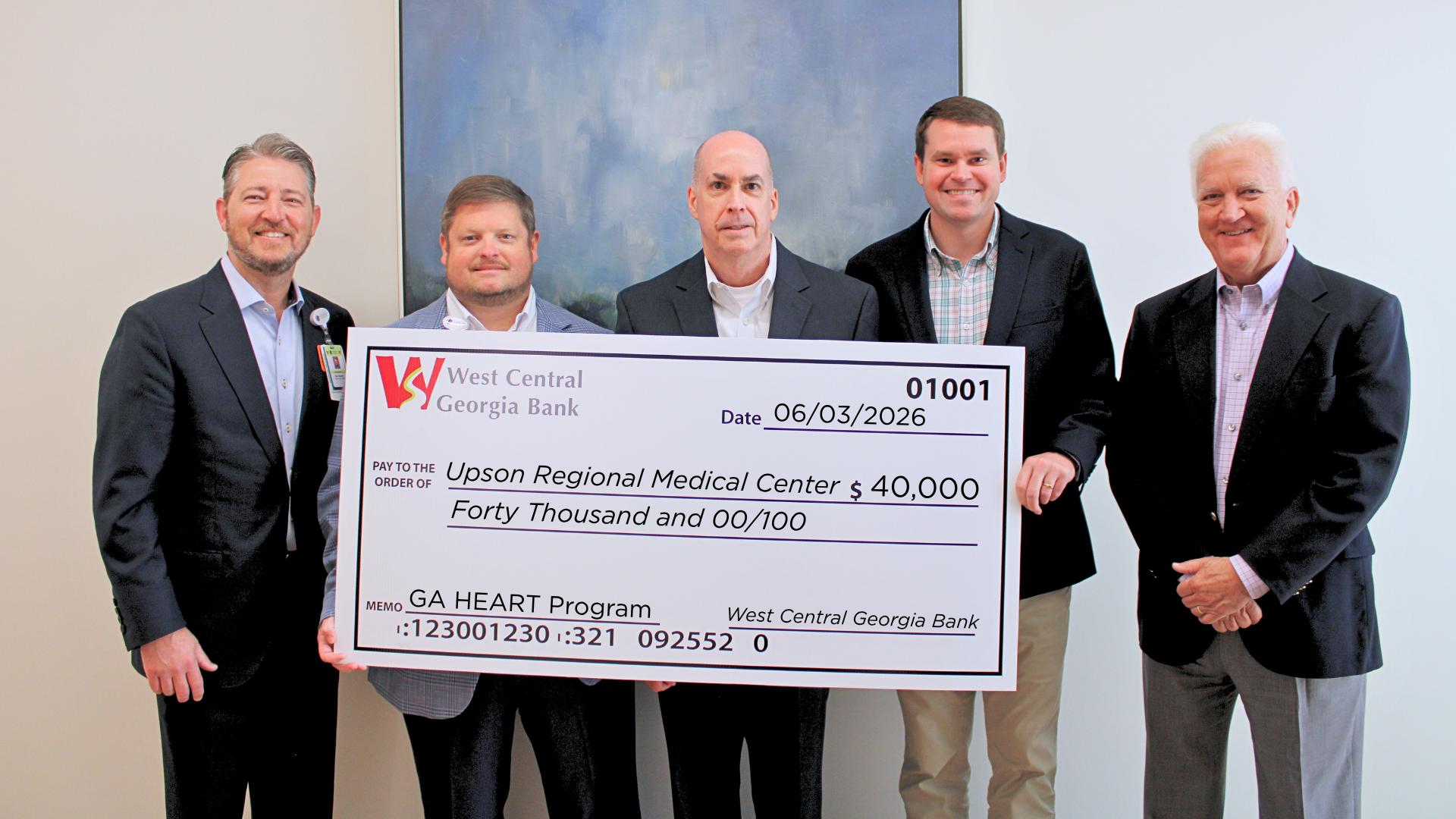 Click to Read West Central Georgia Bank Donates Forty Thousand Dollars to Upson Regional Medical Center Through the Georgia HEART Hospital Program Photo for West Central Georgia Bank Donates Forty Thousand Dollars to Upson Regional Medical Center Through the Georgia HEART Hospital Program