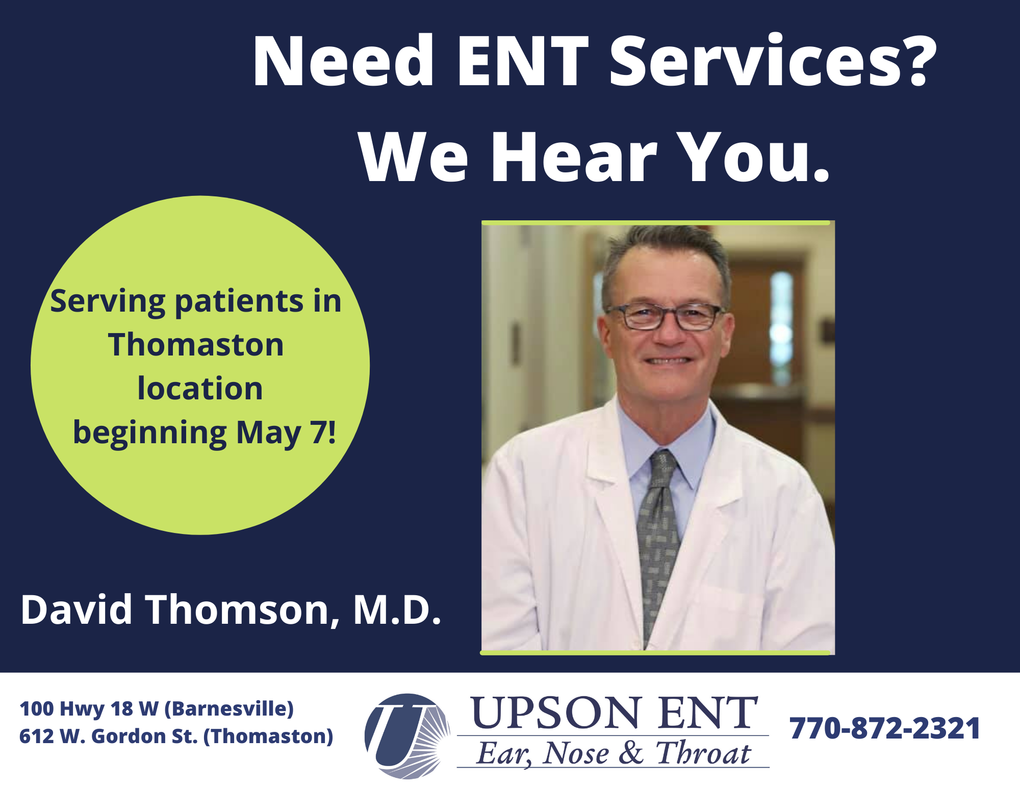 Photo for Dr. Thomson with Upson ENT serving patients at Thomaston location beginning May 7!