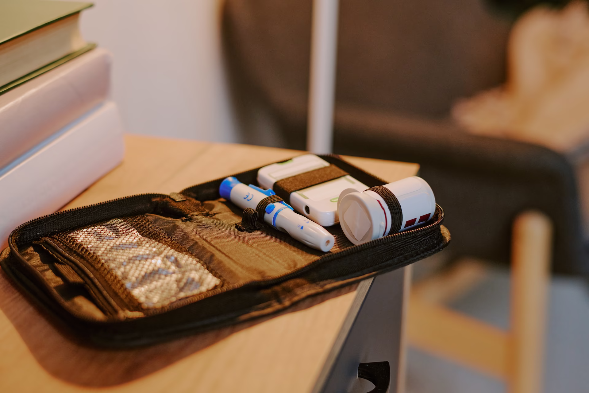 A Diabetes care kit on a table.